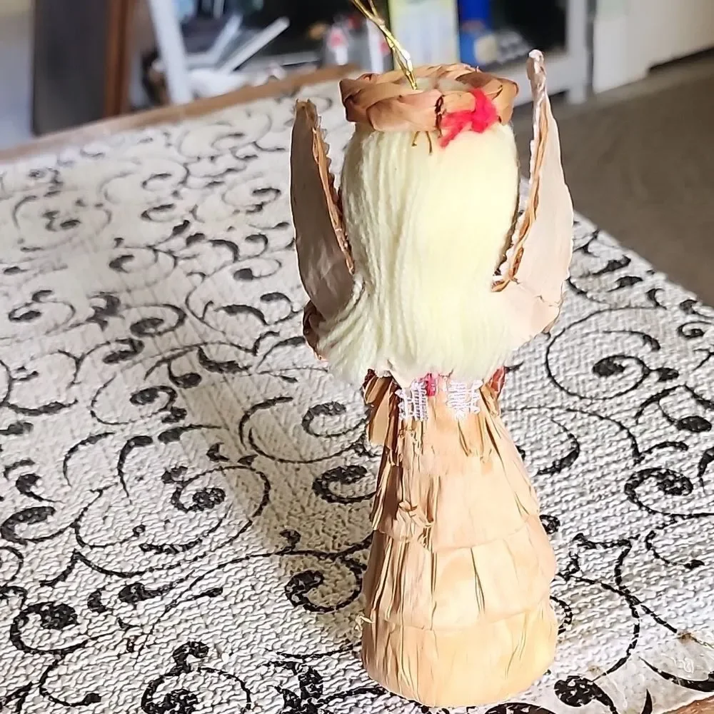 Straw Angel Ornament with Pink Flowers